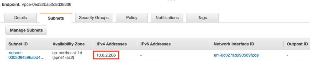 The ENI of the VPC endpoint for ec2messages is set to an address in a private subnet.