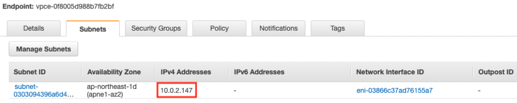 The ENI of the VPC endpoint for ssmmessages is set to an address in a private subnet.