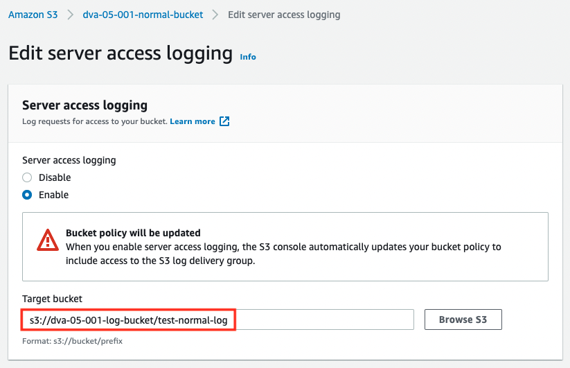 Specify a different bucket as the destination for S3 Server Access logging.