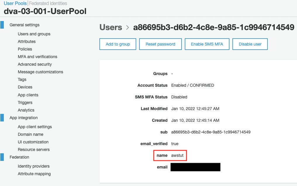 Details of the user created in the Cognito Userpool.