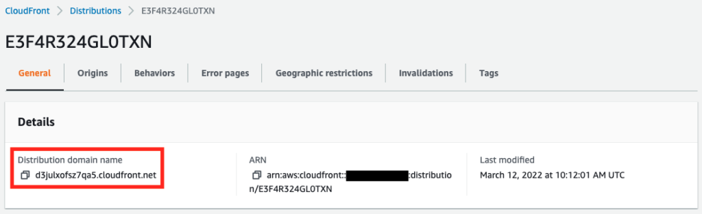 A domain name is assigned to the CloudFront distribution.