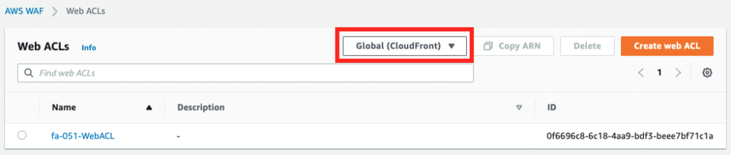 WAF for CloudFront is created in the Global region.